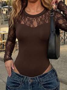 Women's Floral Lace Long Sleeve Bodysuit, Round Neck Contrast Color Mesh Patchwork Slim Fit Casual - Brown - View 3