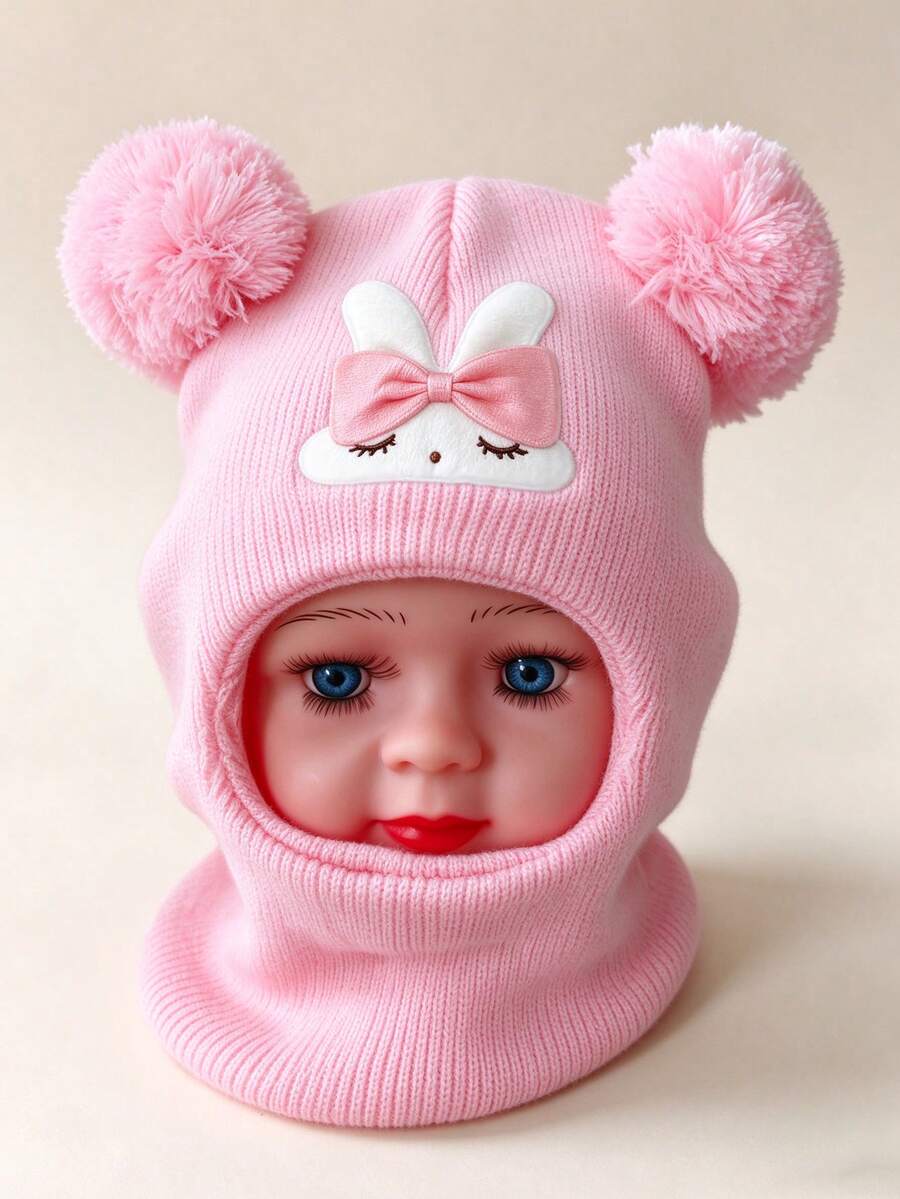 1Pc Children 1‑8Y Winter Knit Balaclava Helmet Hat, Cute Sleeping Rabbit , Two Big Fluffy Pom Pom Balls, Full Neck Cover Warm Keeping For Outdoor Use - Multicolor - View 1