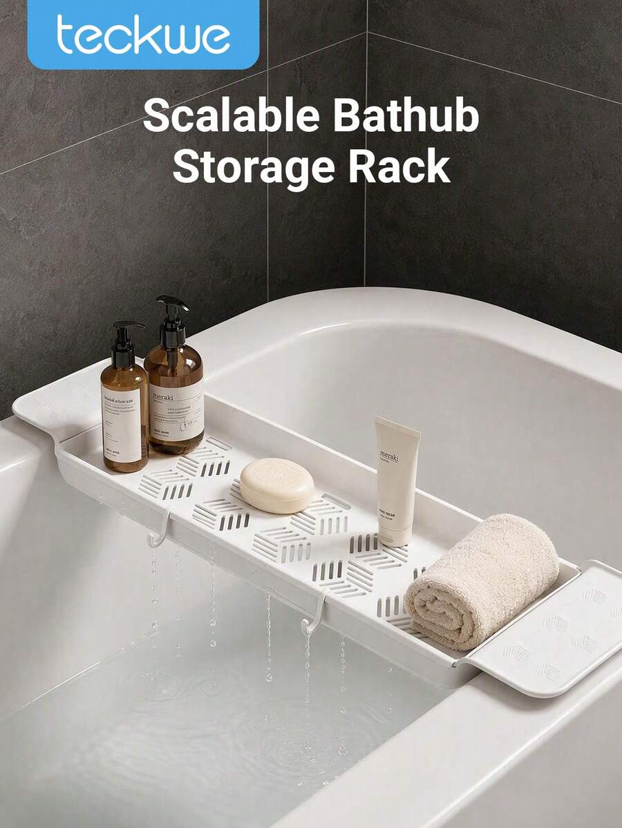 Teckwe 1pc Expandable Bathtub Caddy Tray, Adjustable Bathroom Tub Storage Rack With Drain Holes & Hooks, Shower Organizer For Bath Accessories - one size fits all - View 1