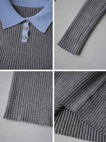 Contrast Color Polo Collar Knit Sweater For Women, Light Blue Lapel With Gray Ribbed Slim Fit, Metal Button Design, Exquisite Youthful Long Sleeve Style Suitable For Commuting, Daily Wear, Dating And Versatile As Inner Layer Or Outerwear - Grey - View 7