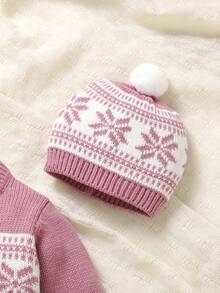 Vintage Snowflake Jacquard Baby Sweater & Romper 2 Pieces Set, Round Neck Cable Knit Jumpsuit With Pom Pom Hat, Stylish Autumn/Winter Outfit For Infants - Pink - View 8
