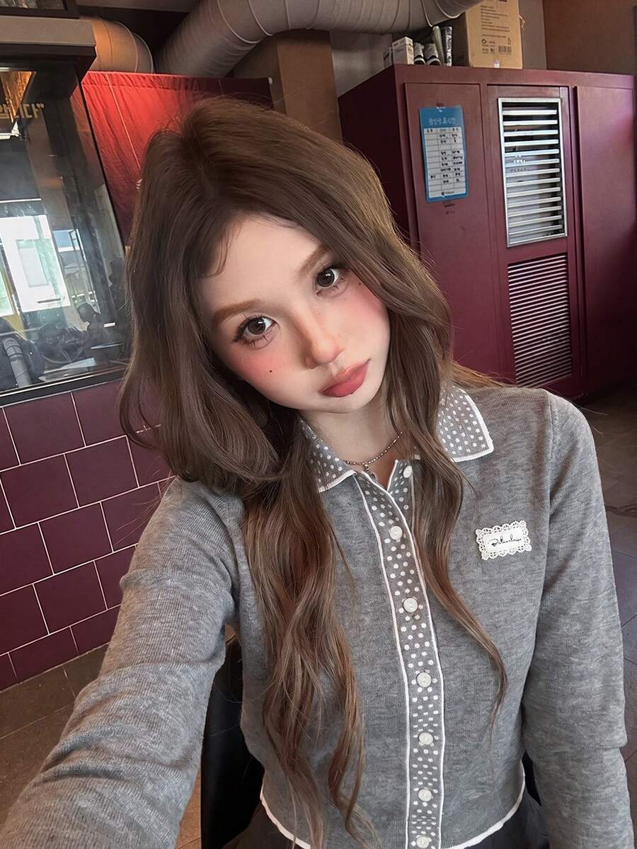 Korean Style Sweet Cute Polka Dot Jacquard Patchwork V-Neck Lapel Grey Knit Cardigan Women Autumn/Winter New Design Stylish Knitwear - Grey - View 1