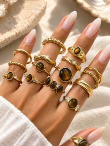 Set Cincin Batu Mata Harimau Asimetris Geometris Vintage Punk Mewah Modis 16/8pcs, Cincin Jari Bergaya Ins yang Didesain dengan Desain Mengkilap Metalik Berkerut, Cocok untuk Pesta, Pertemuan, Liburan, Hadiah untuk Teman dan Keluarga, Pemakaian Sehari-hari - Yellow Gold - View 5