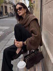 NOVELLE Women's Brown Cape V-Neck Knit Sweater, Autumn Winter Wide Sleeve Drop Shoulder Loose Drape Lazy Pullover Top, Commute, Dating And Shopping - Brown - View 4