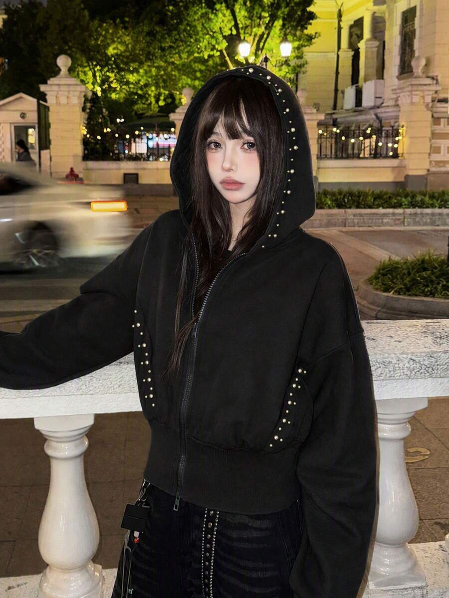 Sweet Cool Niche Style Pearl Decor Hooded Zip-Up Long Sleeve Jacket Women Autumn/Winter Cinched Waist Dropped Shoulder Loose Sweatshirt - Black - View 1