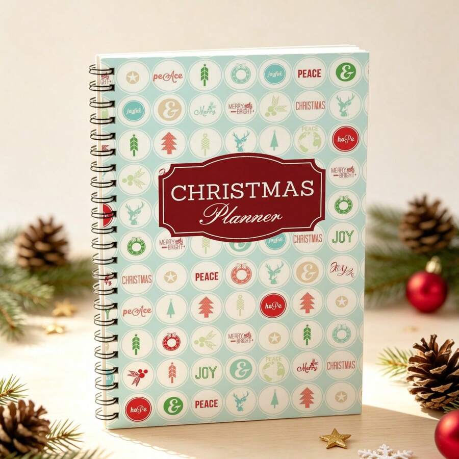 1Pc A5 Spiral Bound Christmas Planner Notebook, Vintage Winter Holiday Icon Print, Seasonal Task & Gift Tracker Journal - A5 - View 1