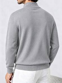 Men's Zipper Vertical Ribbed Knit Sweater, Stand Collar Long Sleeve Suitable For Office And Daily Wear Fashion Casual - Grey - View 5