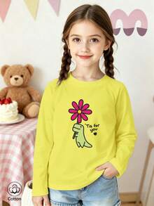 Girls Cotton Raglan Long Sleeve T-Shirt, Autumn Winter, Dinosaur 'Tis For You' Print, Round Neck, Daily Wear, Cute Sweet Preppy Style - Bright Yellow - View 2