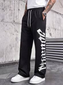 MAISONFOX Men's Letter Print Drawstring Waist Straight Leg Long Casual Pants, Suitable For Outings, Electronic Music Parties, Back To School, Sports, Fitness, Autumn Wear - Black - View 5
