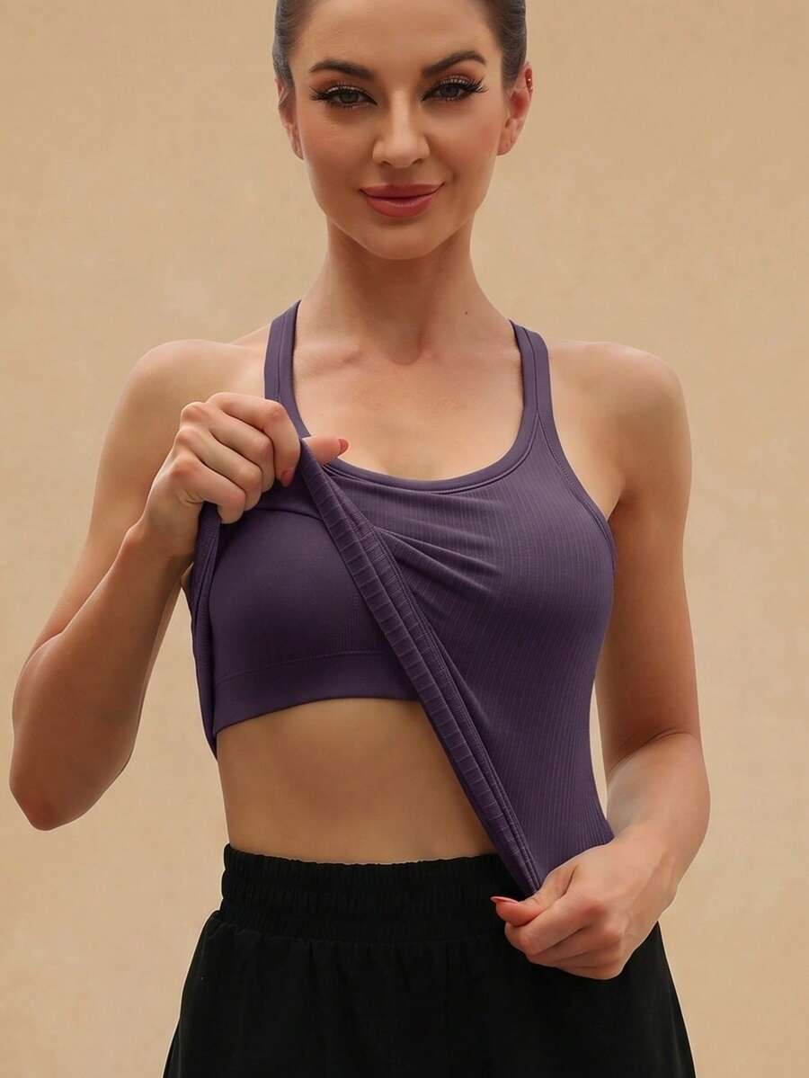1pc Women's Solid Color Ribbed Padded Sports Bra Camisole Top For Daily Workout - Dusty Purple - View 1