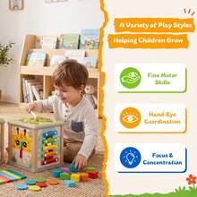 Wooden Multifunctional Activity Cube, 10-In-1 Montessori Toy Set, Bead Clock Shape Matching Abacus Gears Xylophone With Storage Box - Wood - View 3