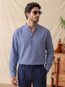 glestore Men's Vintage Oxford Cotton-Feel Long Sleeve Shirt, Fashionable Casual Versatile, Suitable For Commuting And Vacation - Blue - View 4
