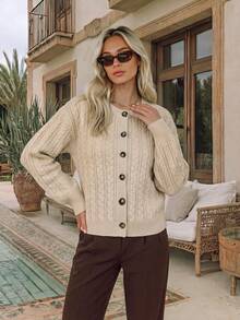 NiceArt Women's Autumn/Winter Vintage Cable Knit Wool Blend Cardigan, Long Sleeve Button Design, Suitable For Daily Wear, Autumn Outfit, Halloween - Khaki - View 7