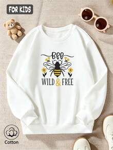 Kids Crewneck Sweatshirt With Bee Print & "Bee WILD & FREE" Text, Casual Cute Style For Children - White - View 3