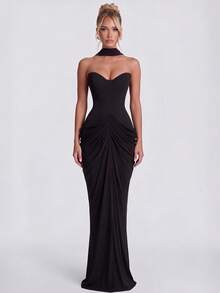 Women's Strapless Heart Neckline Ruched Cowl Neck Ribbon Long Party Dress - Black - View 6
