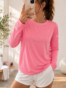 AODSR Women's Pink Long Sleeve Crew Neck Athletic Top With Perforated Side Detail For Running Training Yoga And Fitness - Hot Pink - View 9