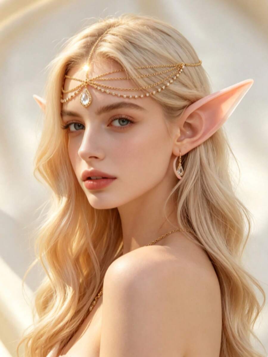 2pcs Halloween Costume Fairy Elf Ear Headpiece Set, Women Girls Cosplay Costume Accessories, With Crystal Pendant Gold Forehead Chain, Pink Elf Ears, Halloween Party Dress Up Props