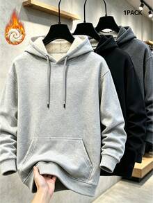 Men's Thermal Lined Hoodie Sweatshirt, Thickened Drawstring Pocket Pullover Hoodie For Autumn/Winter - Grey - View 5