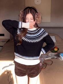 Fair Isle Black Loose Knit Sweater, Autumn/Winter Women's Korean Vintage Slouchy Stand Collar Slimming Pullover Top, Christmas Outfit - Black - View 4
