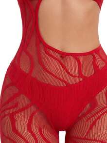 Christmas Sexy Lingerie Set Striped Red Hollow Out Tight Sheer Cold Shoulder Mesh Jumpsuit - Red - View 5