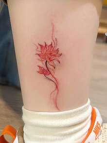 1pc Temporary Tattoo Sticker, Red Lotus Ink Wash Pattern, Realistic Tattoo Design, Suitable For Daily Wear, Bachelorette Party Favors, Music Festivals, Games, Graduation Gifts, Lasts 3-5 Days - Red - View 4