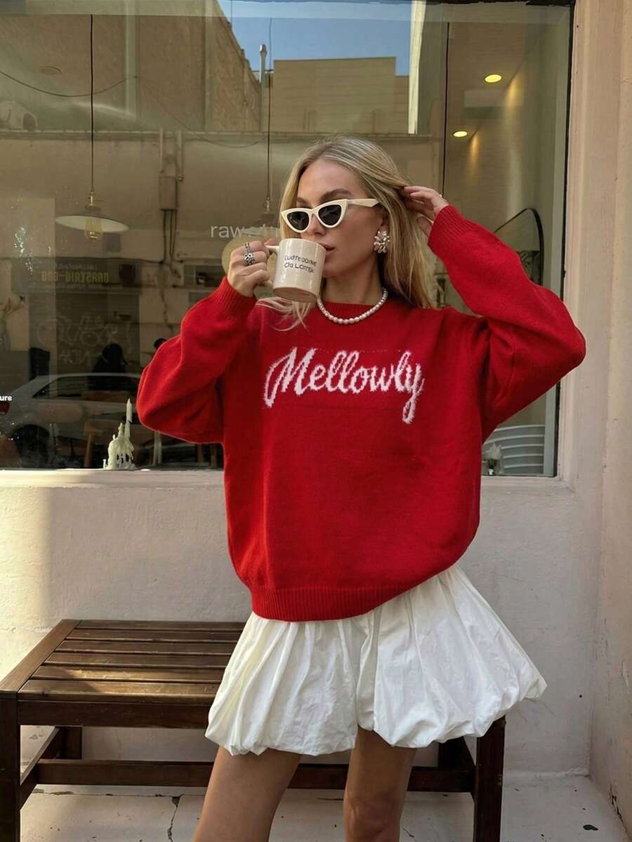 Women's Jacquard Round Neck Letter Pattern Sweater, Suitable For Autumn/Winter Casual Street Style And Holiday Wear, Red Loose Knit Cardigan - Red - View 1