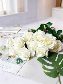 1/5/9pcs Artificial Velvet White Rose Bouquet, Bulk Wholesale, Suitable For Wedding Table Flowers, Bridal Bouquet, Home Decor, Room Arrangement, Christmas Decoration - White - View 10