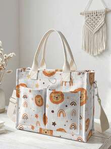 1pc Cute Cartoon Patterns Print Corduroy Multi-Pocket Large Capacity Storage, Snap Button Closure, Shoulder Tote Bag For Student Daily Commute School - Multicolor - View 11