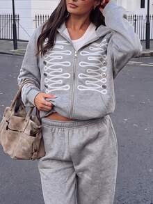 Women's Fashion Grey Knit Zip-Up Long Sleeve Hoodie - Grey - View 4