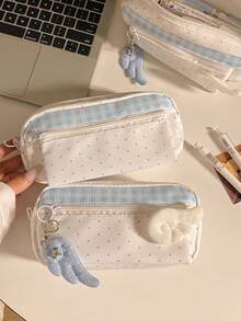 Mixed Plaid & Polka Dot Patchwork Pencil Case, Large Capacity Stationery Storage Bag With 3D Angel Pendant, Double Layer Organizer, Fresh Ins Style Desktop Stationery Storage Pouch, Portable Daily Essentials Organizer - Multicolor - View 3