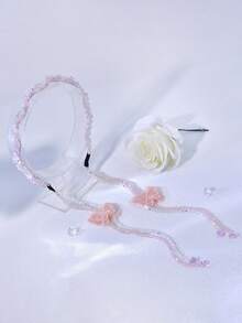 1件裝粉色珠飾新娘髮箍，蝴蝶刺繡，可拆卸流蘇，女性婚禮髮飾，適用節日派對 - 淺粉色 - 查看 7
