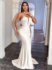 CHOSMO Plus Size Women's Elegant Home, Vacation, Date, Formal Evening, Music Festival, Party, Wedding Dress With Patchwork Sequin, Side Slit Hem And Spaghetti Strap - White - View 8