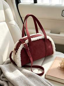 1pc Maillard Vintage Style Lamb Wool Patchwork Handbag, Adjustable Shoulder Strap Crossbody Small Bag, Lightweight Shoulder Bag. Suitable For Girls/Children/Students, Perfect For Autumn Outings, Shopping, Daily Commute. - Multicolor - View 1
