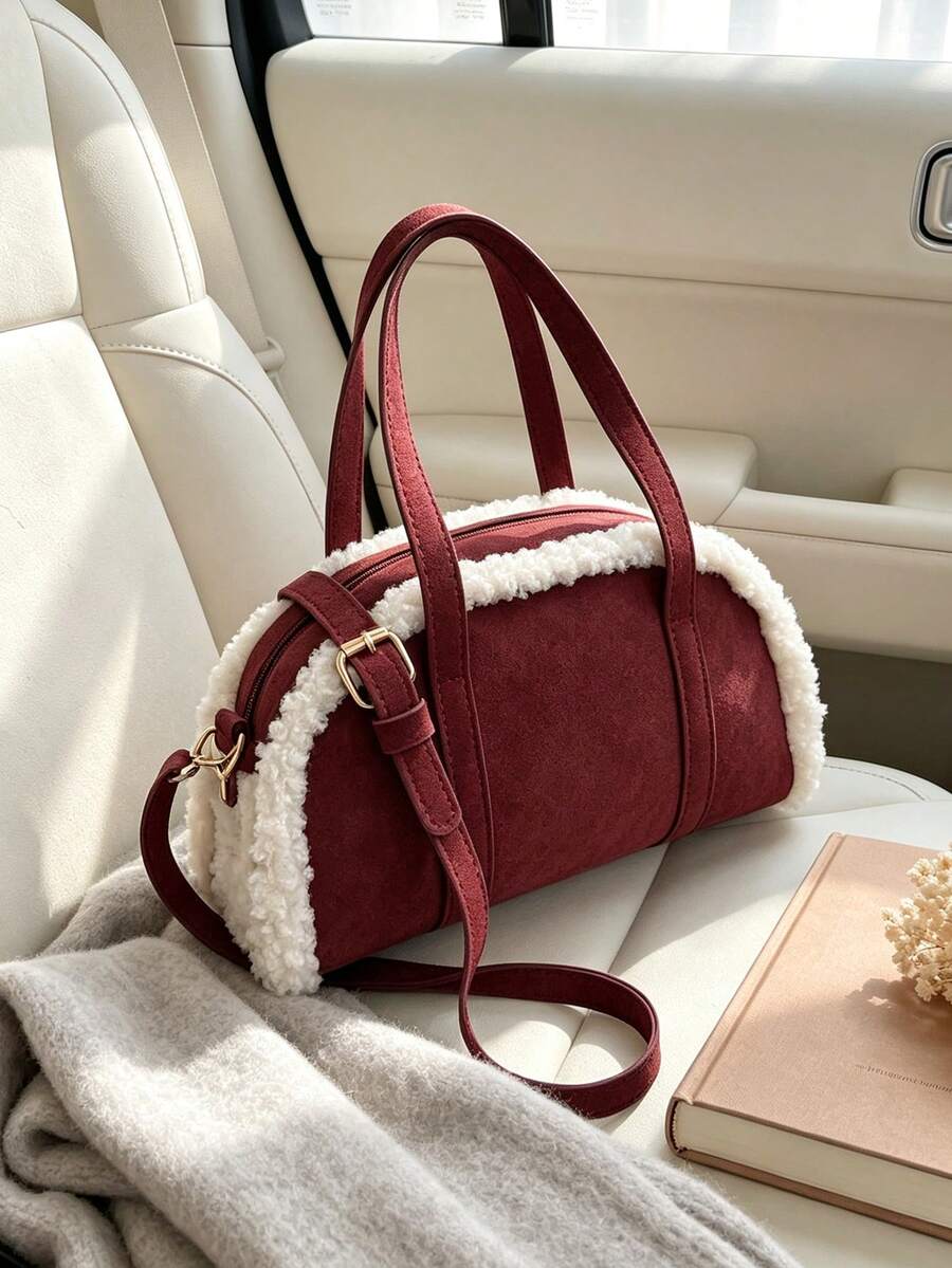 1pc Maillard Vintage Style Lamb Wool Patchwork Handbag, Adjustable Shoulder Strap Crossbody Small Bag, Lightweight Shoulder Bag. Suitable For Girls/Children/Students, Perfect For Autumn Outings, Shopping, Daily Commute. - Multicolor - View 1