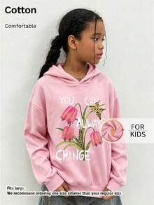 Kids Cotton Hoodie, Tulip Butterfly Letter Graphic Drawstring Pullover Sweatshirt For Girls Casual Daily Wear - Pink - View 3