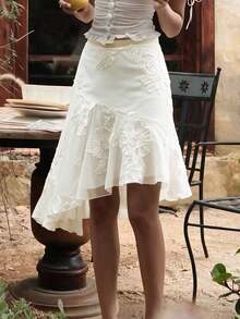 Fall/Winter Embossed Print White Mid-Length Asymmetrical Elegant Skirt - White - View 6
