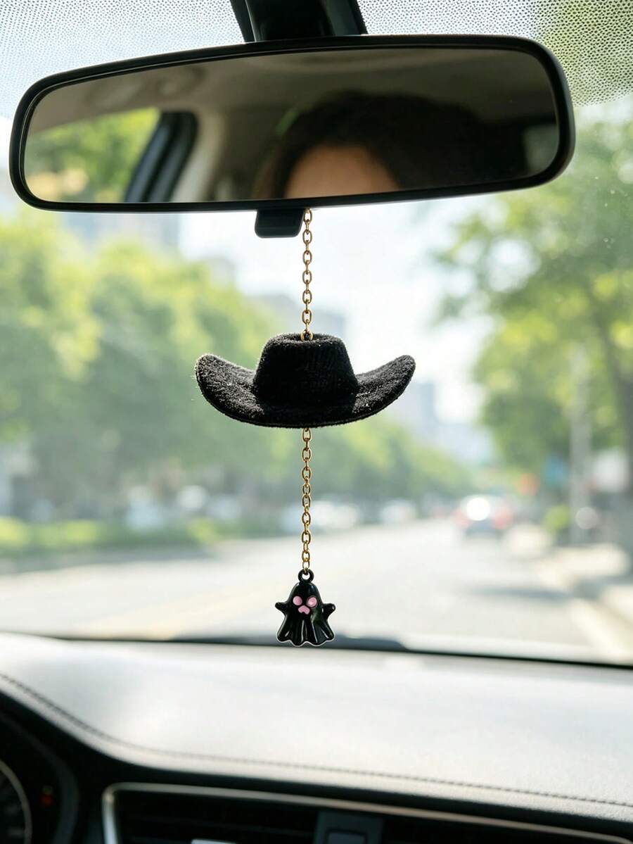 1pc Cowboy Hat Ghost Pendant Halloween Car Interior Decoration Accessory Hanging Ornament - A - View 1