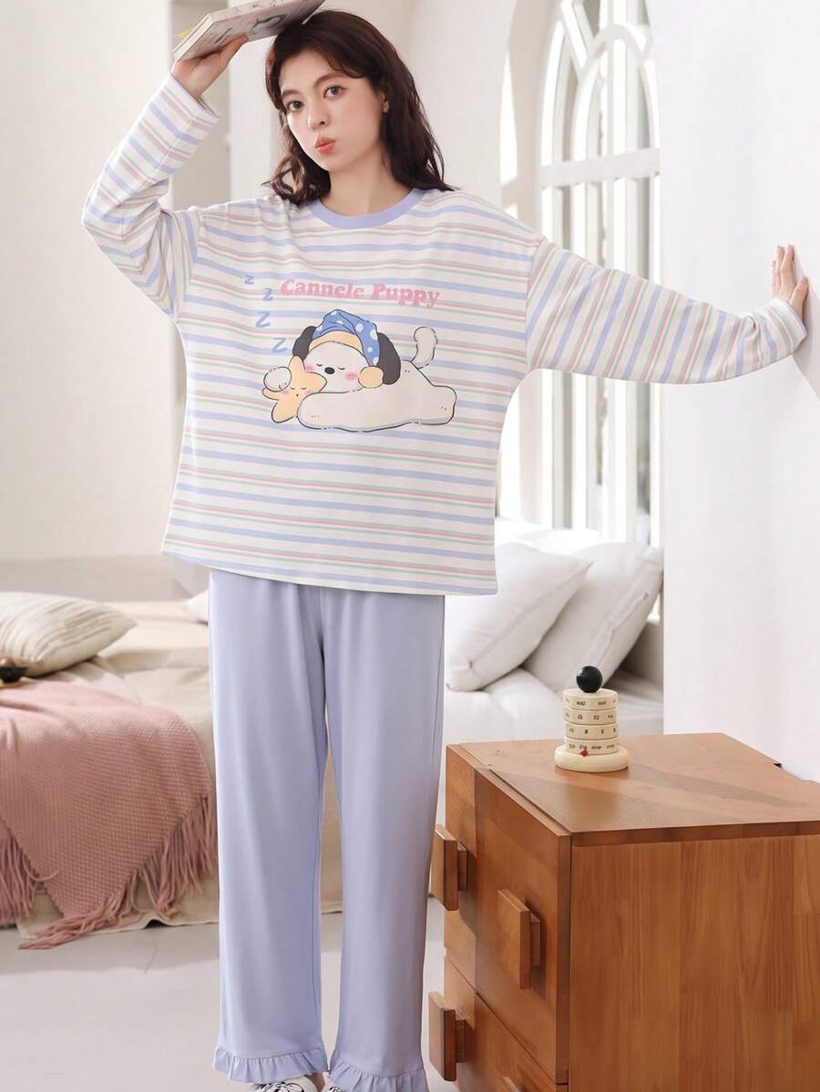 2pcs/Set Women's Spring Autumn Casual Cartoon Sweat-Absorbent Breathable Round Neck Long Sleeve Long Pants Pajamas Loungewear Fall Clothes For Women - Apricot - View 1