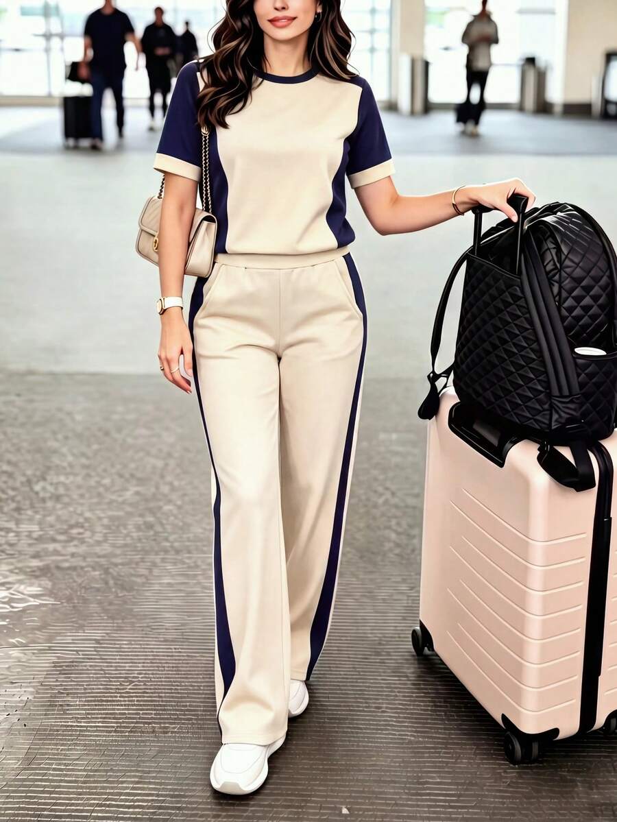 Spring/Summer Plus Size Women's New Casual Versatile Colorblock College Style Round Neck Short Sleeve Top With High Waist Loose Straight Leg Pants Elegant Set - Apricot + Navy Blue - View 1