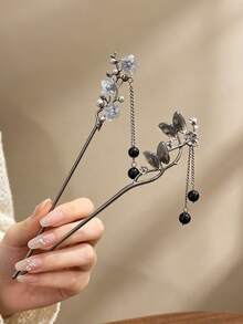 1pc Gun Gray Flower Butterfly Chain Pendant Metal Hair Stick, Women's Back Head Bun Hair Pin, Vintage Atmosphere Hair Accessory - Multicolor - View 3