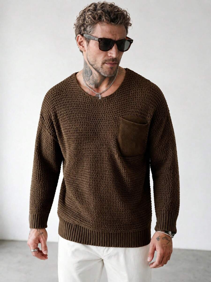 Men's Spring/Autumn Loose Drop Shoulder Crew Neck Long Sleeve Pocket Sweater - Brown - View 1