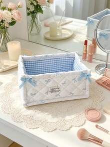 1pc Cute Bow Quilted Fabric Storage Basket Foldable Desktop Organizer Bin Two-Size Makeup Cosmetic Storage Box For Vanity Table Bedroom Home Decor - Multicolor - View 5