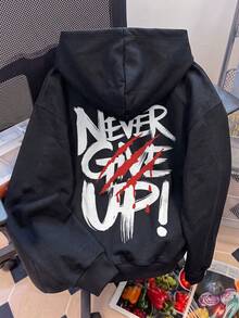 Women's Black Loose Fit Sweatshirt Sweatshirt With "Never Give Up!" Graphic, Long Sleeve Ribbed Knit Streetwear Sports Top - Black - View 5