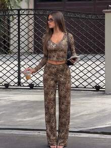Autumn/Winter Personalized Leopard Print Button Semi-Sheer Top & Waist-Cinching Slim Fit Pants Set - Brown - View 1