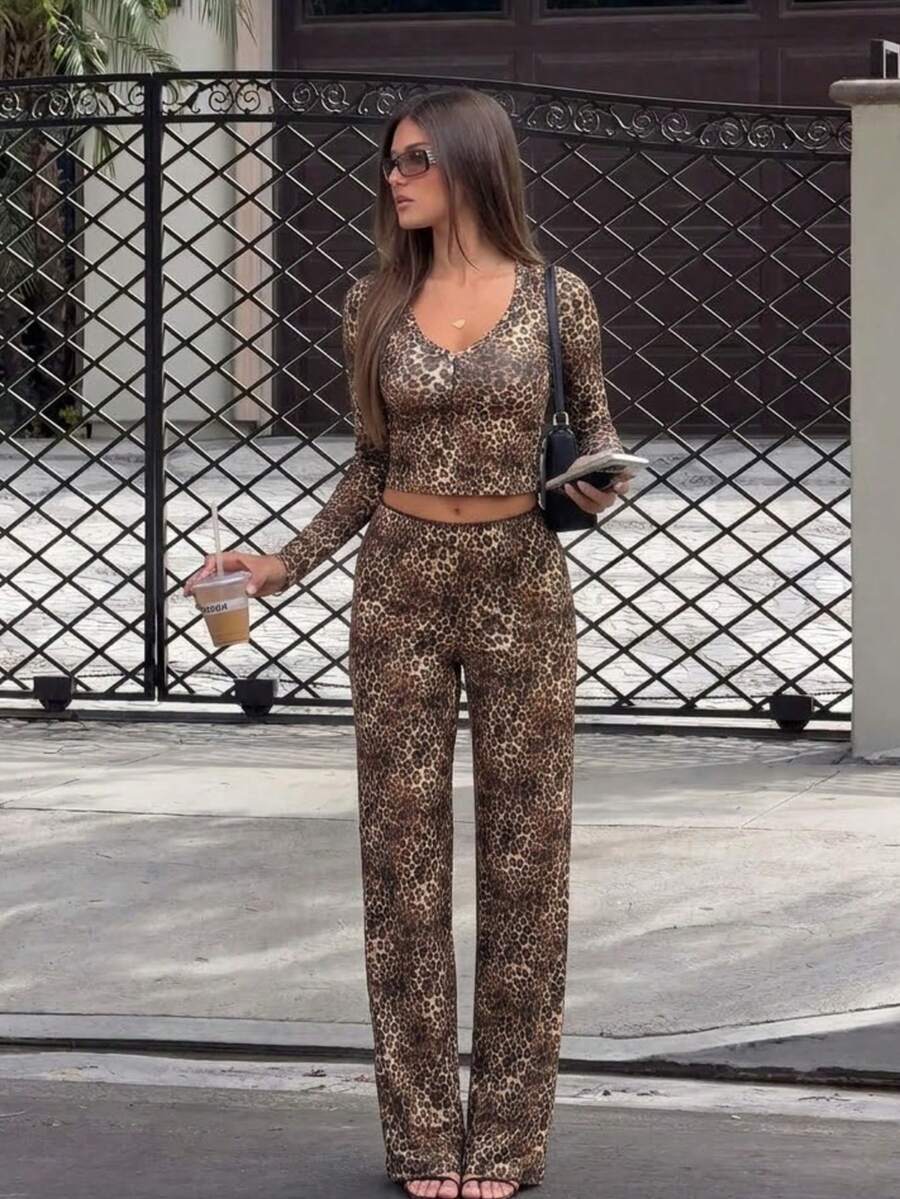 Autumn/Winter Personalized Leopard Print Button Semi-Sheer Top & Waist-Cinching Slim Fit Pants Set - Brown - View 1