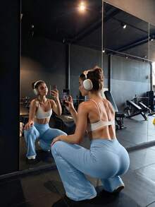 Women's Minimalist High Waist Wide Leg Sports Pants, High Elasticity Commuter Yoga Pants, Comfortable And Stretchy, Suitable For Daily Wear And Fitness Exercise - Baby Blue - View 2