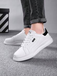 Men's Height-Increasing Breathable Contrast Color Perforated Round Toe Low-Top Lace-Up Thick Sole Street Style White PU Sneakers - Black - View 4