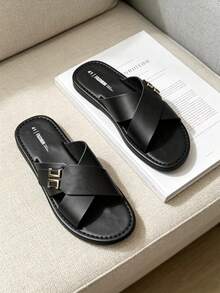 Men's Cross Strap Sandals, Metal Buckle Decor Artificial Leather Open Toe Flat Slippers, Casual Non-Slip Outdoor Beach Daily Wear Summer Black Sandals - Black - View 6