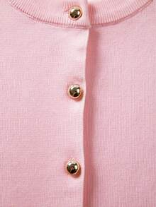 FOR BEAUTY Women's Pink Knitted Cardigan, Round Neck Button Long Sleeve Cropped Slim Fit Soft Jacket Fall - Lotus Powder - View 10