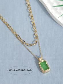 1 Set Luxury Double Layer Stacked Green Square Pendant Necklace For Women, Thick Chain With Raw Stone Pendant, Collarbone Chain, Vacation Wedding Party Accessory - Multicolor - View 3